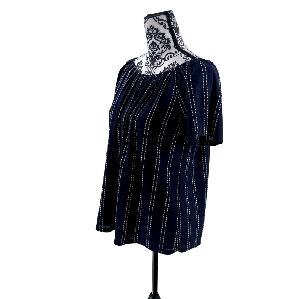 W5 Navy Blue & White Off-Shoulder Babydoll Peasant Boho Festival Blouse, L - Picture 8 of 12